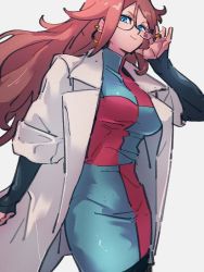 Rule 34 | 1girl, android 21, blue eyes, breasts, checkered clothes, checkered dress, closed mouth, dragon ball, dragon ball fighterz, dress, earrings, glasses, grey background, hair between eyes, hoop earrings, jewelry, kemachiku, lab coat, large breasts, long hair, looking at viewer, pantyhose, red hair, ring, simple background, smile, solo