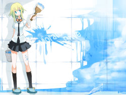 Rule 34 | 1girl, bad proportions, goggles, goggles around neck, green eyes, green hair, gumi, highres, legs, matching hair/eyes, necktie, paint, paintbrush, short hair, skirt, smile, solo, tansuke, vocaloid