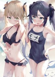 Rule 34 | 2girls, absurdres, alternate costume, armpits, bare arms, bare shoulders, bikini, black bikini, black hair, black ribbon, blonde hair, blush, bow, breasts, cleavage, closed mouth, competition swimsuit, covered navel, cowboy shot, fischl (genshin impact), frilled bikini, frills, genshin impact, green eyes, hair over one eye, hair ribbon, hand on own hip, highres, index finger raised, long hair, looking at viewer, medium breasts, mona (genshin impact), multiple girls, navel, no eyepatch, one-piece swimsuit, open mouth, paid reward available, ribbon, school swimsuit, sidelocks, small breasts, smile, standing, stomach, swept bangs, swimsuit, thighs, twintails, two side up, v, water drop, wet, xkirara39x