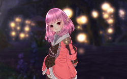 Rule 34 | 10s, arms behind back, artist request, dress, final fantasy, final fantasy xiv, highres, lalafell, long hair, looking at viewer, pink eyes, pink hair, pointy ears, smile, solo, thighhighs, warrior of light (ff14)