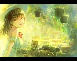 Rule 34 | 1girl, :d, apple, arm at side, arm garter, arm up, bad id, bad pixiv id, bamboo, blurry, breasts, brown hair, day, depth of field, dress, flower pot, food, fruit, grass, hair between eyes, hat, highres, holding, holding food, holding fruit, letterboxed, looking at viewer, looking back, medium breasts, medium hair, open mouth, original, outdoors, plant, potted plant, smile, solo, sun hat, sundress, swept bangs, tanabata, tanzaku, upper body, yahiro (heartseek000), yellow eyes