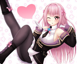 Rule 34 | 1girl, ass, bare shoulders, blowing kiss, blush, boots, bow, breasts, gloves, hair bow, heart, highres, king&#039;s raid, long hair, military, military uniform, one eye closed, open mouth, pansirone, pantyhose, pink eyes, pink hair, riuyan, solo, uniform, very long hair, wink