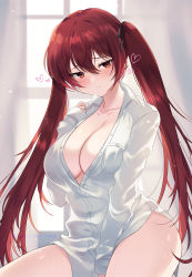 Rule 34 | 1girl, alternate breast size, arm between legs, awayuki ramika, bare legs, blush, breasts, brown hair, cleavage, closed mouth, commentary request, commission, curtains, dress shirt, fire emblem, fire emblem awakening, hair between eyes, hair ribbon, heart, highres, indoors, large breasts, long hair, long sleeves, looking at viewer, nintendo, red hair, ribbon, severa (fire emblem), shirt, skeb commission, smile, solo, twintails, very long hair, white shirt, window