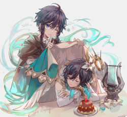Rule 34 | 2boys, alternate costume, androgynous, birthday cake, black hair, blue eyes, blue hair, braid, bridal gauntlets, brown cloak, cake, candle, cape, capelet, cloak, closed eyes, closed mouth, collared shirt, commentary, csyday, elbow gloves, english commentary, english text, feathered wings, finger to mouth, flower, food, genshin impact, gloves, gradient hair, hair flower, hair ornament, holding, holding cape, holding clothes, hood, hood down, hooded capelet, instrument, looking at viewer, lyre, male focus, multicolored hair, multiple boys, nameless bard (genshin impact), one eye closed, plate, shirt, short hair with long locks, shushing, sleeping, sleeveless, smile, twin braids, venti (archon) (genshin impact), venti (genshin impact), white background, white flower, white shirt, wind, wings