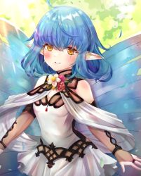 Rule 34 | 1girl, ahoge, blue hair, elbow gloves, fairy, fairy wings, fate/grand order, fate (series), fingerless gloves, flower, gloves, highres, hope (fate), looking at viewer, open mouth, orange eyes, pointy ears, ribbon, short hair, skirt, sleeveless, smile, solo, torottye, wings