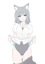 Rule 34 | 1girl, absurdres, animal ear fluff, animal ears, bad id, bad pixiv id, black one-piece swimsuit, blue archive, blue eyes, blush, breasts, closed mouth, clothes lift, clothes pull, collared shirt, cowboy shot, cross hair ornament, dress shirt, grey hair, hair ornament, highres, lifted by self, looking at viewer, masabodo, medium hair, one-piece swimsuit, plaid, plaid skirt, shiroko (blue archive), shiroko (swimsuit) (blue archive), shirt, shirt lift, short sleeves, simple background, skirt, skirt pull, solo, standing, swimsuit, swimsuit under clothes, white background, white shirt