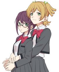 Rule 34 | 2girls, absurdres, black-framed eyewear, blush, bow, bowtie, breast pocket, closed mouth, collared shirt, commentary, cowboy shot, daiba nana, glasses, green eyes, green ribbon, grey jacket, grey skirt, hair over shoulder, hair ribbon, heads together, height difference, highres, hoshimi junna, hug, hug from behind, jacket, light brown hair, light smile, long hair, long sleeves, looking at viewer, low ponytail, multiple girls, nagisa (12363), open clothes, open jacket, own hands together, parted lips, pleated skirt, pocket, purple hair, red bow, red neckwear, ribbon, school uniform, seishou music academy uniform, shirt, shirt tucked in, short twintails, shoujo kageki revue starlight, sidelocks, simple background, skirt, standing, swept bangs, symbol-only commentary, twintails, white background, white shirt, yuri