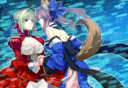Rule 34 | 10s, 2girls, animal ear fluff, animal ears, binary, braid, breasts, dress, epaulettes, eyebrows hidden by hair, fate/extra, fate (series), fox ears, fox tail, french braid, hair between eyes, hair intakes, holding hands, japanese clothes, large breasts, multiple girls, nail polish, nero claudius (fate), nero claudius (fate) (all), nero claudius (fate/extra), sami (object dump), tail, tamamo no mae (fate/extra)