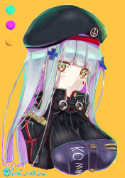 Rule 34 | 1girl, absurdres, artist name, bad id, bad pixiv id, beret, black hat, blunt bangs, blush, breasts, collar, commentary request, cross, dated, eyes visible through hair, facial mark, girls&#039; frontline, green eyes, hair ornament, hair over shoulder, hat, headwear request, highres, hk416 (girls&#039; frontline), inui nakiru, jacket, large breasts, long hair, looking at viewer, military jacket, parted lips, silver hair, simple background, solo, teardrop, upper body, yellow background