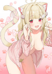 Rule 34 | 1girl, ahoge, animal ears, azuse neko, blush, breasts, cardigan, cat ears, cat girl, cat tail, commentary request, fang, female pubic hair, gradient background, hair ornament, heart, heart ahoge, kemomimi refle!, large breasts, leaning forward, long hair, looking at viewer, nekoma karin, nipples, open cardigan, open clothes, open mouth, paw pose, paw print, paw print background, pink cardigan, pink eyes, pom pom (clothes), pom pom hair ornament, pubic hair, simple background, solo, tail, virtual youtuber, wing hair ornament