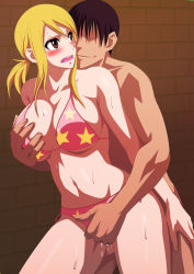 Rule 34 | 1girl, bikini, blonde hair, grabbing another&#039;s breast, breasts, fairy tail, fingering, grabbing, highres, large breasts, lime (purple haze), lucy heartfilia, male hand, molestation, mutual masturbation, pussy juice, swimsuit