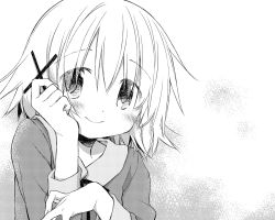 Rule 34 | 1girl, absurdres, aoki ume, commentary request, greyscale, hair ornament, hairclip, hidamari sketch, highres, long sleeves, looking at viewer, monochrome, official art, short hair, simple background, solo, x hair ornament, yuno (hidamari sketch)