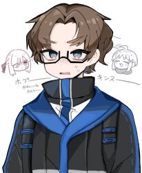 Rule 34 | 1boy, 2girls, ahoge, aya (project moon), bandage over one eye, black jacket, blue eyes, bright pupils, brown hair, closed eyes, closed mouth, commentary request, freckles, glasses, high collar, highres, hopkins (project moon), jacket, limbus company, male focus, multiple girls, open mouth, parted bangs, project moon, shirt, short hair, smile, sweat, translation request, upper body, white pupils, white shirt, yamoya (yamoyamo mo), yuri (project moon)