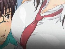 Rule 34 | 1boy, 1girl, animated, animated gif, breast press, breasts, breasts on face, fusano fumie, glasses, huge breasts, jiggle, kyonyuu, large breasts, looking at breasts, lowres, milk junkies, necktie