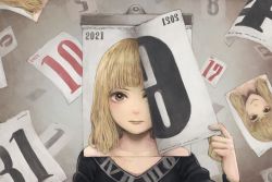 Rule 34 | 1girl, blonde hair, calendar (object), commentary, looking at viewer, medium hair, original, simple background, upper body, yajirushi (chanoma)