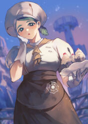 Rule 34 | 1girl, :o, apron, ascot, breasts, brown apron, brown ascot, brown skirt, buttons, commentary request, creatures (company), cupcake, day, food, game freak, gloves, green eyes, green hair, hand up, hat, head rest, highres, holding, holding plate, katy (pokemon), large breasts, looking at viewer, medium breasts, mole, nintendo, otsudou, outdoors, plate, pokemon, pokemon sv, puffy sleeves, shirt, short sleeves, skirt, solo, spider web print, white gloves, white hat, white shirt