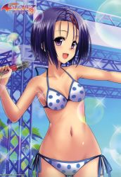 Rule 34 | 1girl, :d, absurdres, armpits, bare arms, bare shoulders, bikini, blue ribbon, blue sky, blush, breasts, cleavage, collarbone, copyright name, cowboy shot, day, gluteal fold, hair ornament, hairclip, halterneck, highres, holding, holding microphone, lens flare, looking at viewer, microphone, navel, official art, open mouth, outdoors, outstretched arm, palm tree, polka dot, polka dot bikini, purple eyes, purple hair, ribbon, sairenji haruna, short hair, side-tie bikini bottom, sky, small breasts, smile, solo, stage, standing, stomach, swimsuit, tareme, thigh gap, to love-ru, to love-ru darkness, tree, yabuki kentarou
