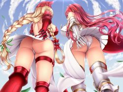 Rule 34 | 2girls, armor, armored boots, armored dress, ass, athena (granblue fantasy), bare back, bare shoulders, blonde hair, blue eyes, blue sky, boots, braid, breasts, cloud, day, dress, falling leaves, fisheye, from behind, from below, gauntlets, godsworn alexiel, granblue fantasy, hair ornament, hair rings, helmet, large breasts, leaf, light rays, long hair, looking at viewer, looking back, looking down, melopun, multiple braids, multiple girls, outdoors, panties, pink hair, red footwear, short dress, shoulder blades, sideboob, sky, standing, sunbeam, sunlight, thigh boots, thighhighs, thighlet, thong, underwear, upskirt, very long hair, walking, white dress, white footwear, white panties