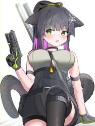 Rule 34 | 1girl, absurdres, animal ears, arknights, arm strap, bare shoulders, black collar, black gloves, black hair, black shorts, black tail, black thighhighs, blush, breasts, collar, colored inner hair, glint, gloves, green eyes, green gloves, grey shirt, gun, hair ornament, hand up, handgun, headset, high-waist shorts, highres, holding, holding gun, holding weapon, jessica (arknights), jessica the liberated (arknights), long hair, medium breasts, microphone, multicolored hair, official alternate costume, open mouth, pink hair, shirt, shorts, sleeveless, sleeveless shirt, solo, spam (spamham4506), sweatdrop, tail, thighhighs, two-tone hair, weapon, white background