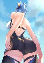 Rule 34 | 1girl, absurdres, artist name, ass, bare shoulders, blue hair, breasts, eula (genshin impact), from behind, from below, genshin impact, hair ornament, highres, huge ass, large breasts, leotard, long hair, looking away, nyah, shiny clothes, shiny skin, sideboob, solo, thighhighs