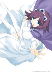 Rule 34 | 1girl, cape, dress, henrietta de tristain, highres, looking at viewer, noise reduction, official art, page number, princess, purple cape, purple hair, reaching, reaching towards viewer, scan, simple background, solo, tiara, usatsuka eiji, white background, white dress, white legwear, zero no tsukaima