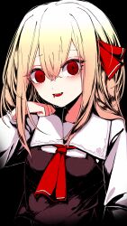 Rule 34 | 1girl, absurdres, ascot, black background, black vest, blonde hair, blood, blood from mouth, collared shirt, hair ribbon, hand up, highres, looking at viewer, medium hair, open mouth, print collar, red ascot, red eyes, red ribbon, ribbon, ringed eyes, rumia, sharp teeth, shi to na, shirt, simple background, teeth, touhou, upper body, upper teeth only, vest, white shirt