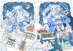 Rule 34 | 1girl, animal, aomori prefecture, architecture, arms up, bare shoulders, bare tree, blue eyes, blue hair, blue necktie, blue scarf, boots, building, castle, commentary, crescent moon, cross, crypton future media, detached sleeves, earmuffs, east asian architecture, full body, goryoukaku, grey skirt, grey sleeves, grey thighhighs, hair ornament, hakodate (city), hatsune miku, headset, highres, hill, hirosaki castle, holding sewing needle, kiya machi, landmark, leg up, light blue hair, long hair, looking at viewer, miniskirt, mittens, moon, multiple views, necktie, night, official art, open mouth, pagoda, piapro, pleated skirt, rabbit, rabbit yukine, scarf, second-party source, shiny clothes, shirt, skirt, sleeveless, sleeveless shirt, smile, snowflake print, snowflakes, standing, standing on one leg, star (symbol), stitches, thigh boots, thighhighs, thread, tree, twintails, very long hair, vocaloid, white mittens, white scarf, white shirt, yuki miku, yuki miku (2011)