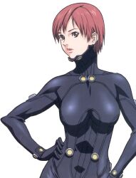 Rule 34 | 00s, 1girl, bodysuit, breasts, female focus, gantz, gantz suit, groin, hands on own hips, highres, holster, kishimoto kei, large breasts, legs, legs apart, looking at viewer, matching hair/eyes, official art, oku hiroya, parted lips, red eyes, red hair, scan, shiny clothes, short hair, simple background, skin tight, solo, standing, thighs, turtleneck, white background, wide hips