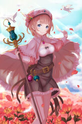 Rule 34 | 1girl, atelier (series), atelier rorona, belt, bird, blue eyes, breasts, brown hair, cleavage, closed mouth, cloud, dress, feathers, flower, hat, highres, looking at viewer, medium breasts, rororina fryxell, short hair, skirt, smile, solo, yanu