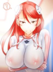 Rule 34 | 1girl, aida rayhunton, bodysuit, breasts, covered erect nipples, crossed arms, gundam, gundam g no reconguista, hair ornament, large breasts, nipples, red hair, satou kaede, see-through, see-through bodysuit, solo, transparent, yellow eyes