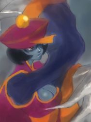 Rule 34 | 1girl, bad id, bad pixiv id, black hair, blue skin, breasts, capcom, claws, cleavage, cleavage cutout, clothing cutout, colored skin, flipped hair, hat, large breasts, lei lei, looking at viewer, short hair, solo, undead, upper body, vampire (game), zombie