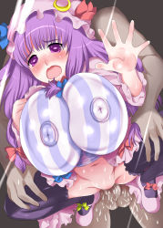 Rule 34 | 1girl, absurdres, against glass, blush, bottomless, breast press, breasts, breasts on glass, glass, hat, held up, highres, huge breasts, huge nipples, long hair, mozuku (djpw), navel, open mouth, patchouli knowledge, purple eyes, purple hair, sex, spread legs, testicles, thighhighs, touhou, uncensored, vaginal