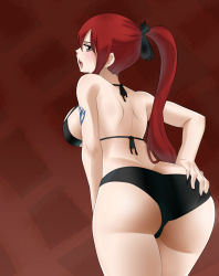 Rule 34 | 1girl, absurdres, alternate hairstyle, arm at side, arm tattoo, armpits, artist request, ass, ass focus, back, back-tie bikini, barefoot, bikini, black bikini, blush, breasts, brown eyes, cameltoe, curvy, dimples of venus, erza scarlet, eyelashes, fairy tail, feet, female focus, fingernails, from behind, hand on own ass, highres, huge ass, large breasts, legs, long hair, looking at viewer, looking back, moaning, open mouth, ponytail, profile, red background, red hair, shiny clothes, shiny skin, shoulder blades, sideboob, sidelocks, source request, standing, swimsuit, tattoo, thighs, thighs together, turning head