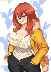 Rule 34 | 1girl, :q, absurdres, bad id, bad twitter id, black eyes, black pants, borrowed character, breasts, claudette j hornette, clothes writing, curvy, fur-trimmed jacket, fur trim, glasses, hair between eyes, hair ornament, hairclip, hands in pockets, highres, inactive account, jacket, large breasts, long hair, long sleeves, looking at viewer, midriff, open clothes, open jacket, original, pants, red hair, shirt, solo, sunna (nilsunna), tongue, tongue out, white shirt, yellow jacket