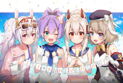 Rule 34 | 4girls, :d, ;d, alcohol, animal ears, anniversary, ayanami (azur lane), azur lane, bare shoulders, beret, black ribbon, blue dress, blue eyes, blue hat, blue sailor collar, blue sky, blush, bow, bowtie, breasts, camisole, champagne, champagne flute, closed mouth, cloud, commentary request, confetti, cross, cup, day, detached sleeves, dress, drinking glass, eyewear on head, gloves, green eyes, hair between eyes, hair ornament, hair ribbon, hairband, hat, headgear, high ponytail, holding, holding cup, iron cross, jacket, javelin (azur lane), kiyosato 0928, laffey (azur lane), light brown hair, long sleeves, looking at viewer, mini hat, multiple girls, navel, off shoulder, one eye closed, open mouth, party hat, pink jacket, ponytail, purple eyes, purple hair, rabbit ears, red eyes, red hairband, ribbon, sailor collar, school uniform, serafuku, shirt, silver hair, single glove, sky, sleeveless, sleeveless dress, small breasts, smile, string of flags, white bow, white camisole, white gloves, white shirt, wide sleeves, yellow neckwear, z23 (azur lane)