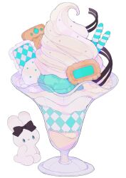 Rule 34 | aqua theme, bow, cookie, cup, dessert, food, food focus, frills, glass, highres, ice cream, original, parfait, pepparmint310, rabbit, simple background, sitting, sprinkles, sweets, wafer stick, whipped cream, white background