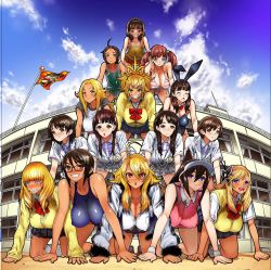Rule 34 | 6+girls, :d, animal ears, bikini, blonde hair, blush, bow, bowtie, breasts, brown hair, cardigan, clenched teeth, closed eyes, covered erect nipples, dark-skinned female, dark skin, detached collar, fake animal ears, glasses, grin, gyaru, gym shorts, highres, human pyramid, jewelry, jpeg artifacts, kogal, large breasts, leopard (artist), leotard, long hair, looking at viewer, multiple girls, necklace, one-piece swimsuit, open mouth, original, playboy bunny, pleated skirt, rabbit ears, red eyes, school uniform, short hair, shorts, skirt, smile, striped bikini, striped clothes, sweatdrop, sweater vest, swimsuit, teeth, track uniform, twintails
