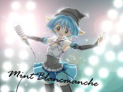 Rule 34 | 00s, 1girl, animal ears, bad id, bad pixiv id, blue hair, blue skirt, brown eyes, character name, detached sleeves, earrings, galaxy angel, hat, highres, jewelry, lens flare, microphone, mint blancmanche, nyama, outstretched arms, short hair, skirt, smile, solo, spotlight, spread arms, thighhighs, transparent, vintage microphone, witch hat