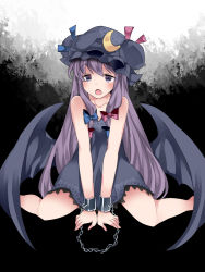 Rule 34 | 1girl, bad id, bad pixiv id, bare arms, bare shoulders, bdsm, black dress, chain, collarbone, crescent, cuffs, demon girl, demon wings, dress, hair ribbon, halloween, halloween costume, hammer (sunset beach), hat, long hair, mob cap, open mouth, patchouli knowledge, purple eyes, purple hair, ribbon, shackles, sitting, solo, demon girl, touhou, tress ribbon, very long hair, wariza, wings