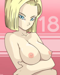 Rule 34 | android 18, artist request, blonde hair, blue eyes, breasts, crossed arms, dragon ball, dragonball z, nipples, nude, short hair