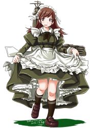 Rule 34 | 10s, 1girl, 2016, adapted costume, alternate costume, apron, brown eyes, brown hair, clothes lift, dated, dress, dress lift, enmaided, full body, green dress, kantai collection, long hair, machinery, maid, maid apron, maid headdress, neckerchief, ooi (kancolle), open mouth, school uniform, serafuku, simple background, skirt, skirt hold, skirt lift, smile, socks, solo, tatsumi ray, torpedo, turret, twitter username, white background