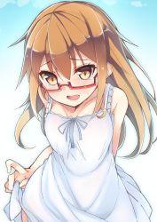 Rule 34 | 10s, 1girl, bad id, bad twitter id, bare shoulders, brown eyes, brown hair, clothes lift, dress, dress lift, fang, glasses, hair between eyes, haruyuki (yukichasoba), kantai collection, leaning forward, long hair, mochizuki (kancolle), open mouth, red-framed eyewear, solo, sundress, sweatdrop, tears, white dress