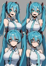 1girl aqua_eyes aqua_hair aqua_necktie black_sleeves breasts collared_shirt detached_sleeves hatsune_miku highres large_breasts long_hair looking_at_viewer nagainegi necktie number_tattoo open_mouth shirt shoulder_tattoo sleeveless sleeveless_shirt smile solo tattoo twintails vocaloid white_shirt