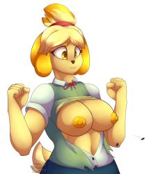 Rule 34 | 1girl, animal crossing, animal ears, artist name, blonde hair, blue skirt, breasts, clenched hands, closed mouth, dog ears, dog girl, dog tail, female focus, furry, furry female, green vest, hair tie, hands up, highres, isabelle (animal crossing), large breasts, looking down, navel, neck ribbon, nintendo, nipples, no bra, open clothes, open shirt, popped button, red ribbon, ribbon, shirt, short hair, short sleeves, skirt, solo, swiftnicity, tail, topknot, torn clothes, torn vest, transparent background, upper body, vest, wardrobe malfunction, watermark, white shirt, yellow eyes