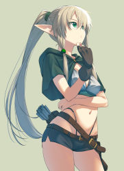 Rule 34 | 1girl, akino sora, arm under breasts, arrow (projectile), asymmetrical gloves, black panties, blonde hair, breasts, capelet, cleavage, commentary, cowboy shot, crop top, elf, fingerless gloves, gloves, green eyes, hair between eyes, hair over eyes, hair tie, hand on own chin, high-waist panties, highres, large ears, light particles, long hair, looking afar, micro shorts, midriff, navel, original, panties, pointy ears, ponytail, pursed lips, quiver, short sleeves, shorts, simple background, small breasts, solo, underwear