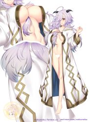Rule 34 | 1girl, ahoge, areola slip, ass, breasts, censored, coat, commission, cosplay, eitr (fire emblem), fire emblem, fire emblem heroes, full body, hair censor, hair over one eye, heart, heart censor, highres, horns, kiran (fire emblem), kiran (fire emblem) (cosplay), large breasts, long hair, long sleeves, multiple views, nabunabu, navel, nintendo, patreon username, red eyes, robe, simple background, white background, white robe