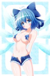 Rule 34 | 1girl, ^^^, alternate breast size, arms behind back, bare shoulders, bikini, bikini top only, blue eyes, blue hair, blush, bow, breast expansion, breasts, cirno, collarbone, eyes visible through hair, front-tie top, hair between eyes, hair bow, highres, large bow, large breasts, looking at viewer, medium hair, navel, open mouth, osashin (osada), short shorts, shorts, solo, stomach, swimsuit, touhou, unbuttoned, untied bikini, untied bikini top, wings