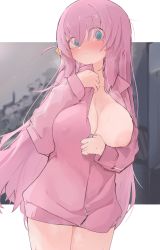Rule 34 | 1girl, blue eyes, blush, bocchi the rock!, breasts, cleavage, closed mouth, cube hair ornament, gotoh hitori, hair ornament, highres, inverted nipples, jacket, large areolae, large breasts, long hair, long sleeves, looking at viewer, mikozin, naked jacket, nipples, one breast out, pink hair, pink jacket, solo, sweat, track jacket, zipper