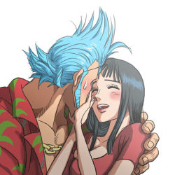 Rule 34 | 1boy, 1girl, black hair, blue hair, blunt bangs, blush, breasts, chain, chain necklace, cleavage, closed eyes, collarbone, collared shirt, facial hair, franky (one piece), from side, furrowed brow, gold chain, hands on another&#039;s face, happy, hawaiian shirt, jewelry, large breasts, large hands, laughing, lips, lowres, medium hair, mullet, necklace, nico robin, nika (nikasa an), nose, one piece, open clothes, open mouth, open shirt, portrait, red shirt, shirt, sideburns, simple background, smile, spiked hair, straight hair, sweatdrop, teeth, upper teeth only, white background