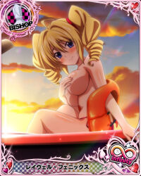 Rule 34 | 1girl, bishop (chess), blonde hair, blue eyes, breasts, card (medium), chess piece, covering privates, covering breasts, high school dxd, large breasts, looking at viewer, navel, official art, ravel phenex, smile, solo, topless